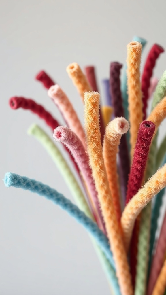 A colorful bouquet made of various textured pipe cleaners in shades of pink, blue, yellow, and more.