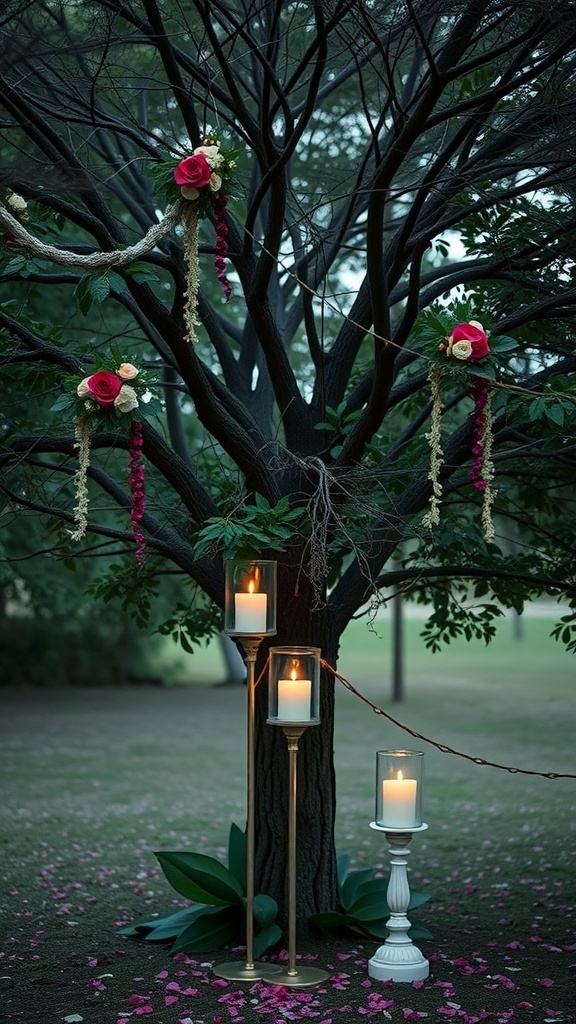 A beautifully decorated tree with flowers and candles, symbolizing unity and love.