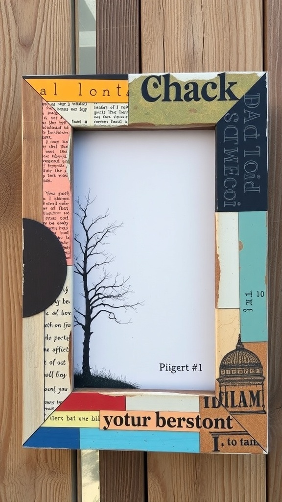 A creatively decorated picture frame with a colorful collage and a silhouette of a tree.