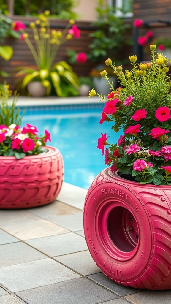 Two pink upcycled tire planters filled with colorful flowers beside a swimming pool.