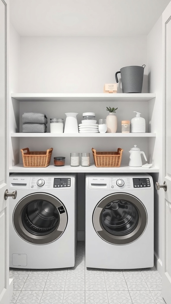 A modern laundry room featuring floating shelves with neatly arranged items above washing machines.