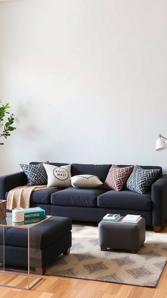 A dark grey sofa with decorative pillows, an ottoman, and a glass coffee table in a living room.