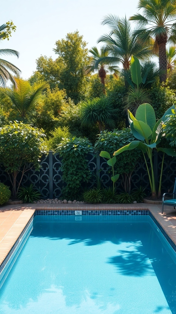 A serene above ground pool area surrounded by lush greenery and a stylish privacy screen.