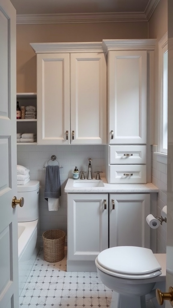 A small master bath with tall cabinets and shelves for storage.