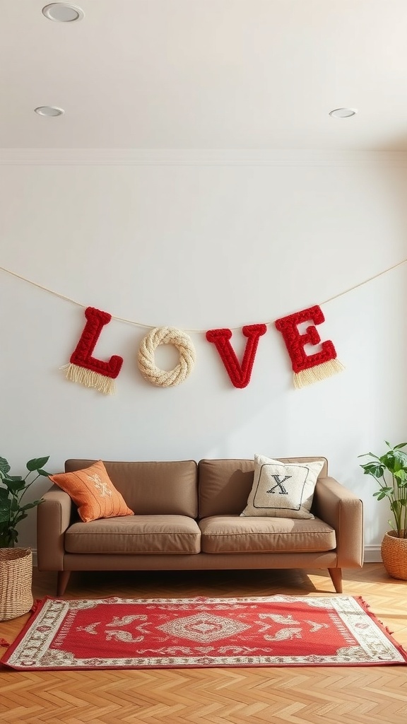 A cozy living room featuring a crochet banner that spells 'LOVE' in red letters, with a comfortable sofa and decorative elements.