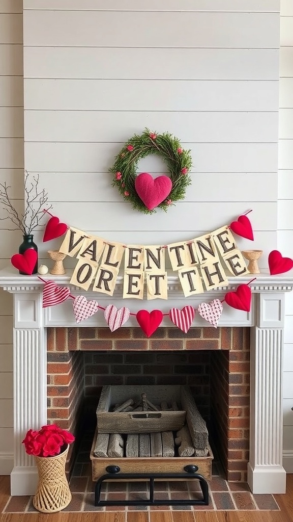 A Valentine's Day banner with hearts and a wreath above a fireplace.