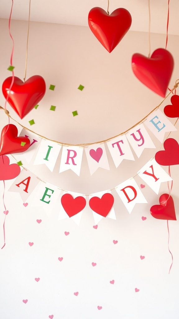 Colorful Valentine's Day banner with hearts and festive decorations