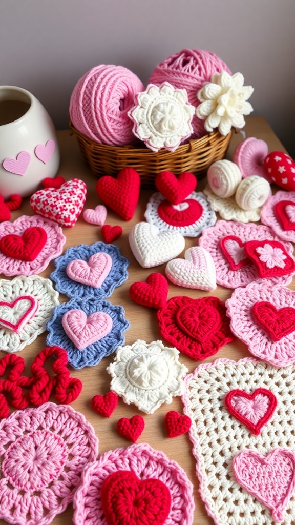A variety of crochet hearts and flowers in red, pink, and white, displayed with yarn and a decorative vase.
