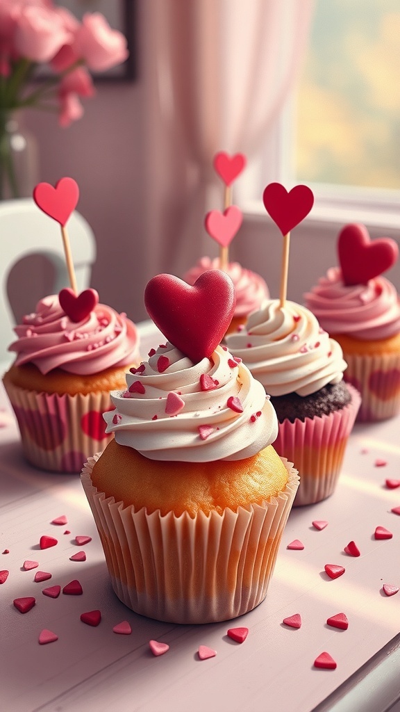 Colorful Valentine's Day cupcakes with heart decorations