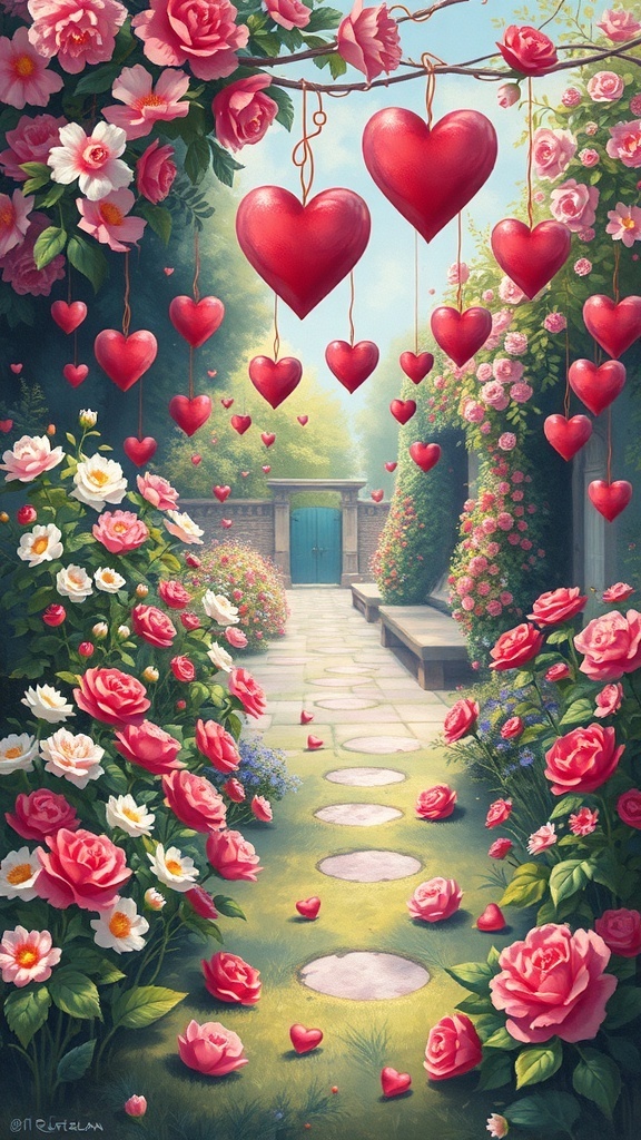 A vibrant garden pathway with blooming roses and hanging red hearts, leading to a blue door.