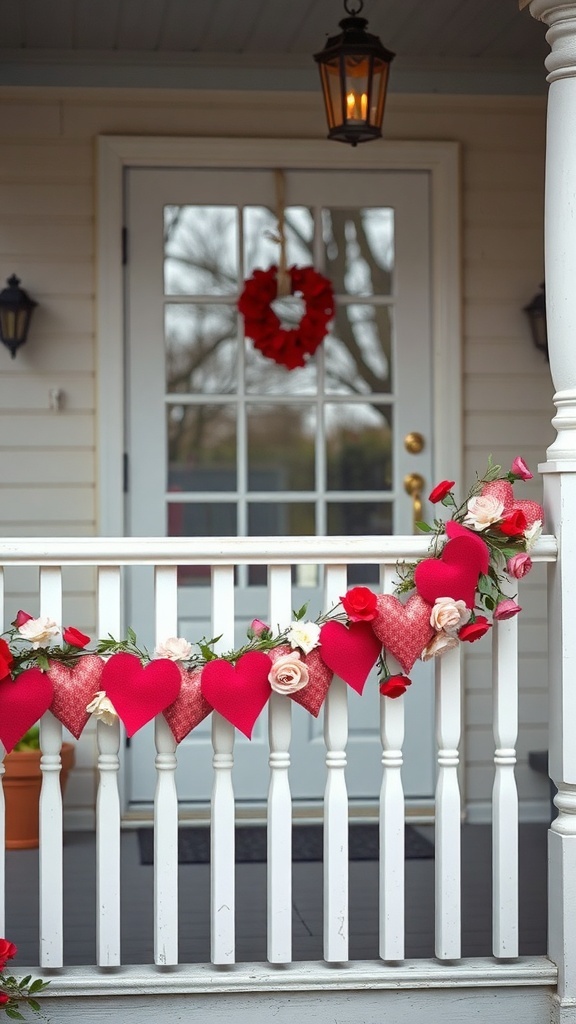 Valentine's Day garland with red hearts and flowers on a porch railing.