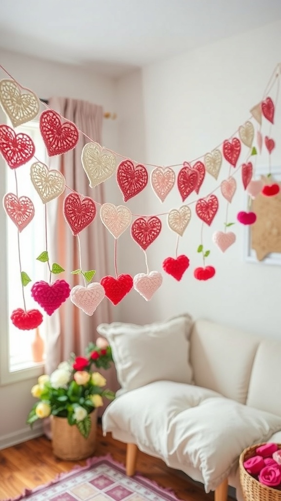 Colorful crochet heart garland hanging in a cozy room