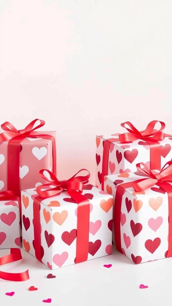 Colorful Valentine's Day gift boxes with heart patterns and red ribbons