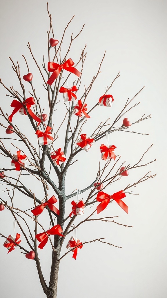 A decorative tree with red bows and heart-shaped ornaments for Valentine's Day.