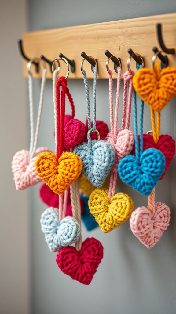 Colorful crocheted heart keychains hanging on a wooden rack