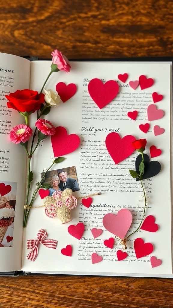 A Valentine's Day scrapbook page with hearts, flowers, and a couple's photo.