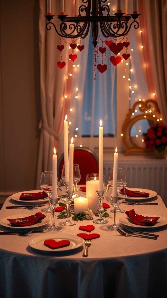 A romantic Valentine's Day table setting with candles, heart decorations, and elegant glassware.