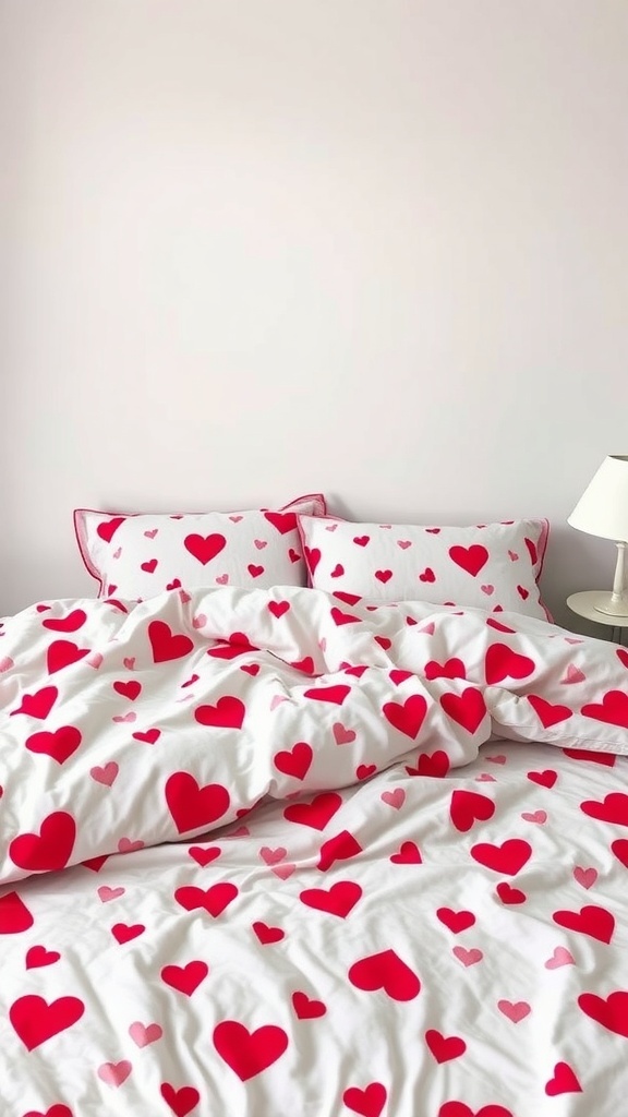 Valentine's Day themed bedding with red and pink hearts on a white background