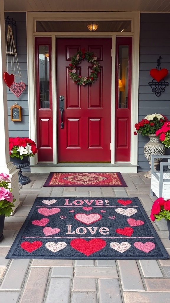 Valentine's Day themed rugs with hearts and love messages on a front porch