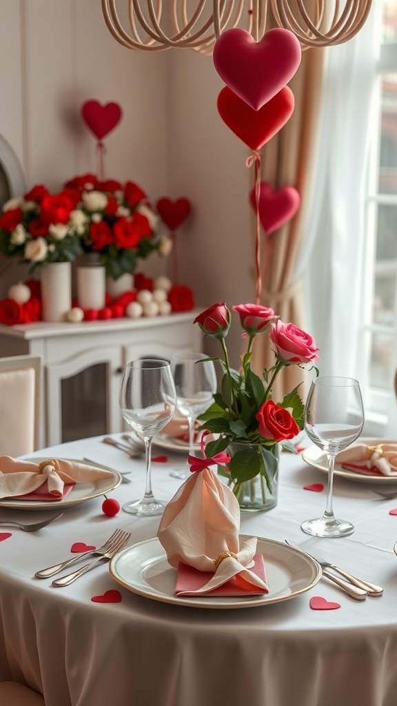 A romantic Valentine's Day themed table setting with red roses, heart decorations, and elegant tableware.