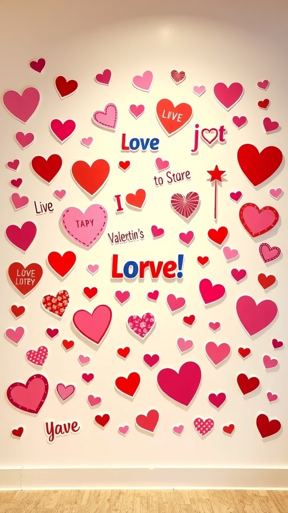 Colorful Valentine's Day themed wall stickers featuring hearts and love-themed words.