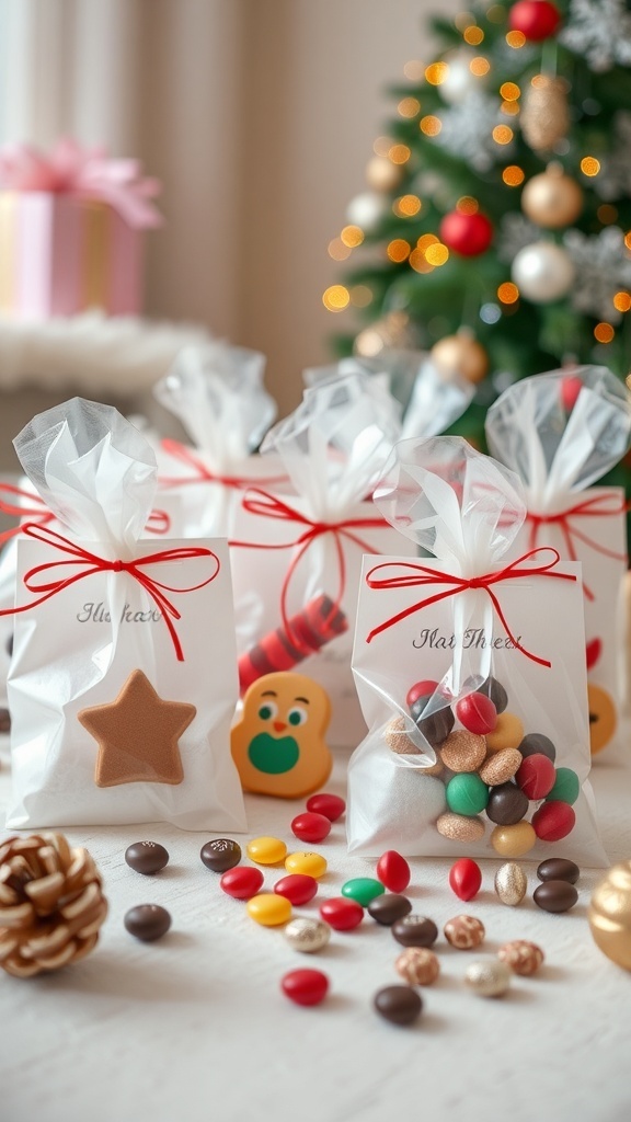Valentine's Day treat bags filled with candies and cookies, tied with red ribbons, with a festive background.