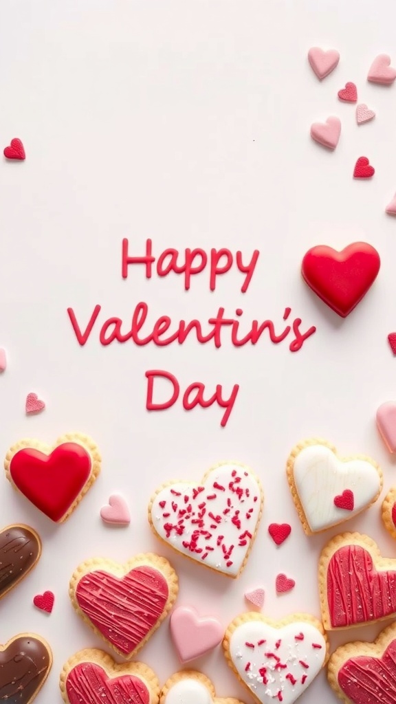 A display of heart-shaped cookies with 'Happy Valentine's Day' text