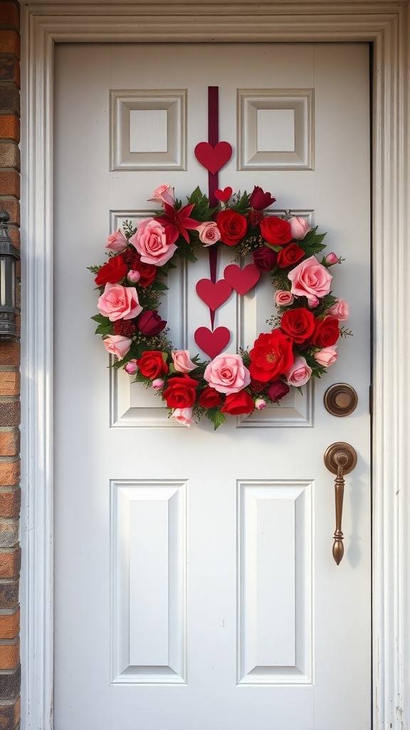 A Valentine's Day wreath made of red and pink roses with hanging hearts, displayed on a white door.