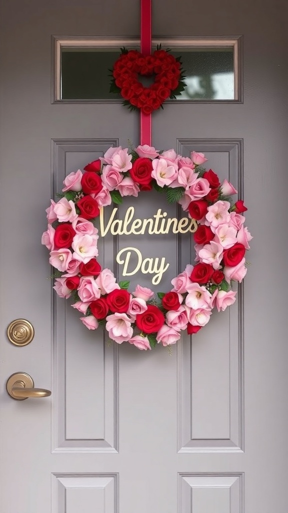 A Valentine's Day wreath with red and pink flowers, featuring a heart-shaped decoration and the words 'Valentines Day' in the center.