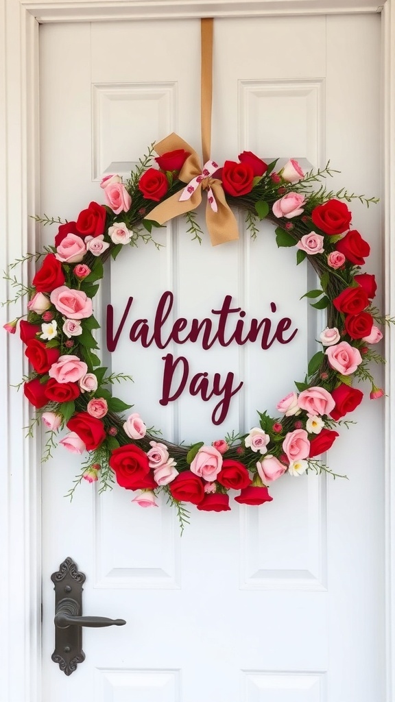 A Valentine's Day wreath with red and pink flowers and the words 'Valentine's Day' on a white door.