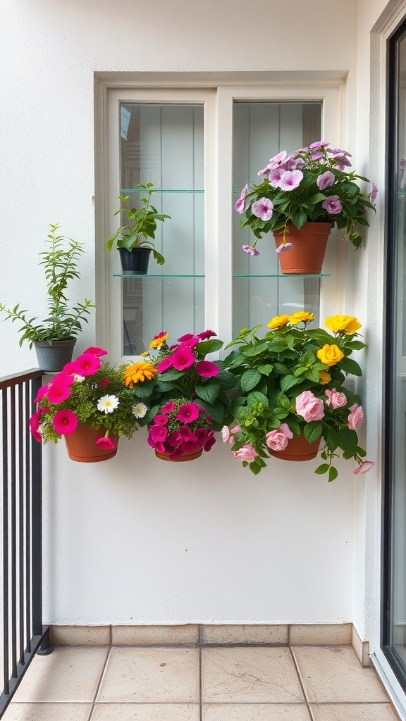 A small balcony with colorful flowers in pots arranged vertically on a wall.