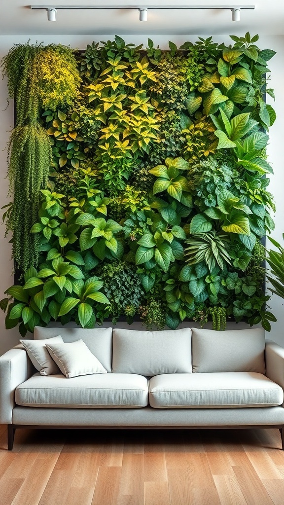 A vertical garden wall filled with various green plants next to a white couch.