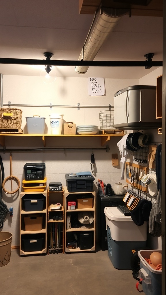 Organized basement with vertical storage solutions, including shelves, bins, and pegboard.