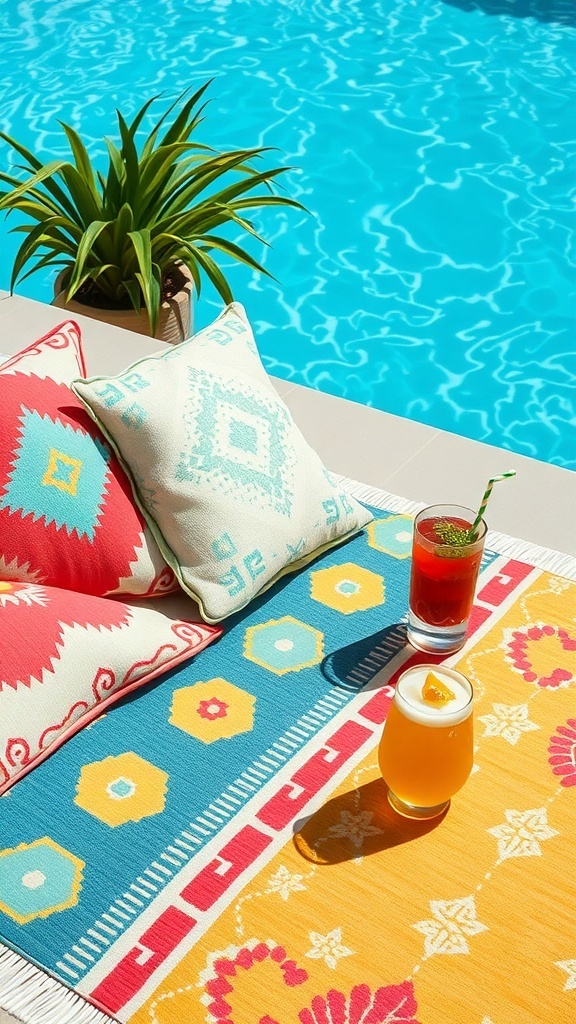 Colorful outdoor rug with cushions and drinks by the pool