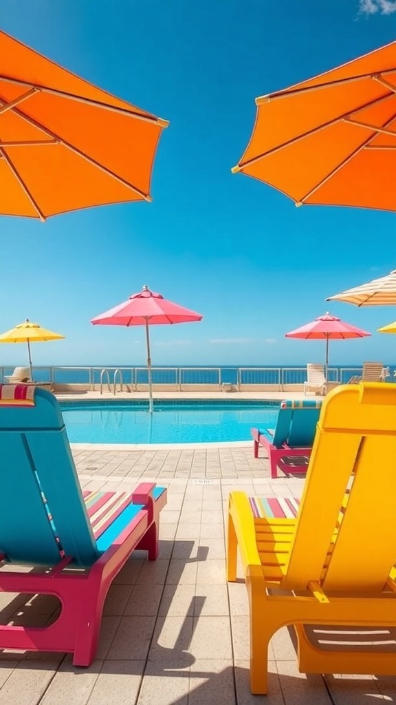 Colorful poolside furniture with bright chairs and umbrellas by the pool