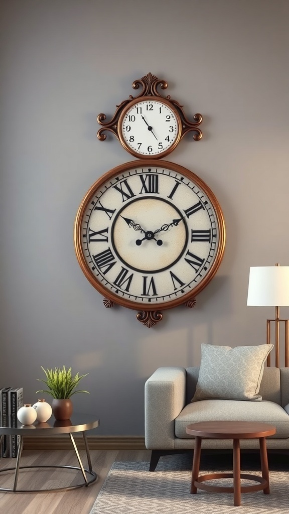 A vintage-inspired wall clock with ornate details and Roman numerals, displayed in a cozy living room setting.