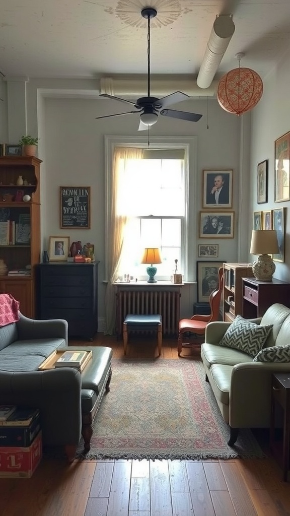 A cozy living room with vintage furniture, framed art on the walls, and a warm atmosphere.