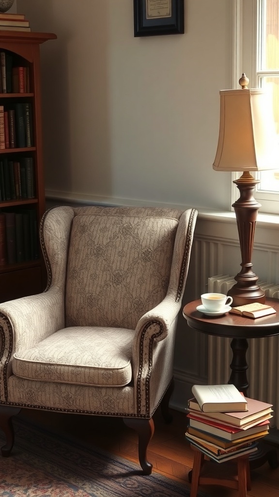 A vintage armchair next to a side table with a lamp and books.
