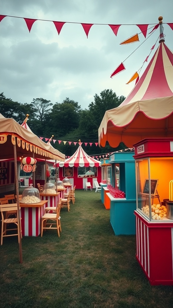 A vintage carnival setup with colorful tents and food stalls.