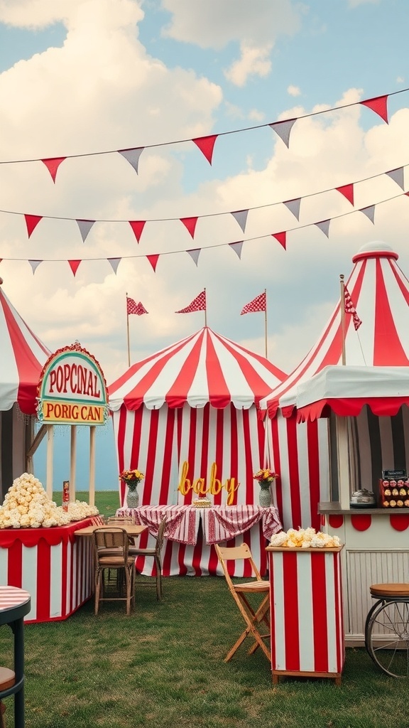 A vibrant vintage carnival setup for a baby shower featuring red and white striped tents, a popcorn stand, and cheerful decorations.