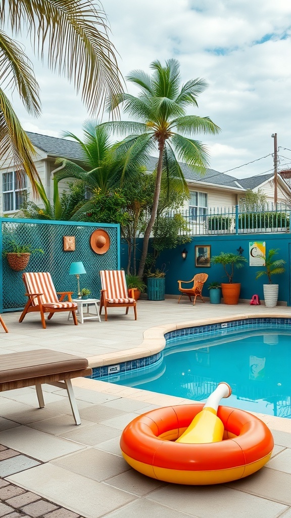 A vintage-inspired backyard pool area with striped chairs, a colorful pool float, and tropical plants.