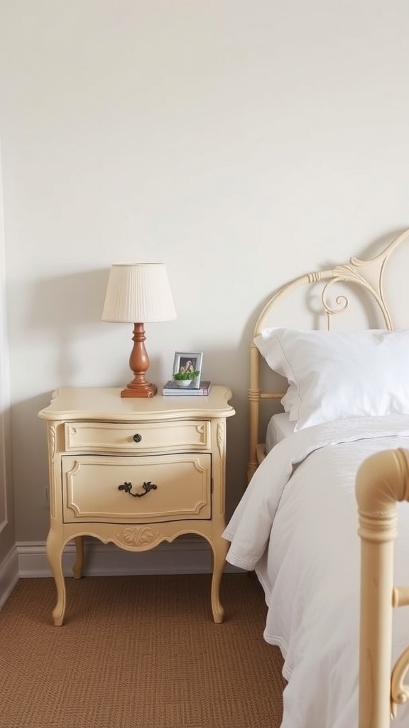 A vintage cream nightstand beside a bed with a lamp and a photo frame.