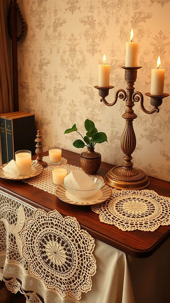 A vintage table setting with lace table runners, candles, and decorative elements.