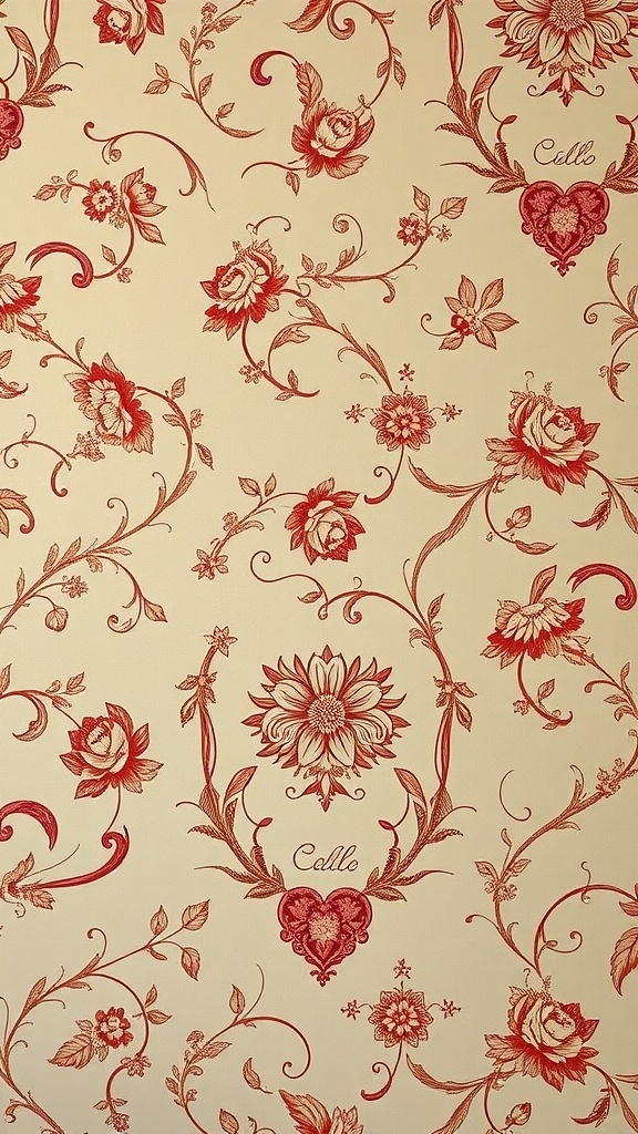 Vintage floral wallpaper with red flowers and vines on a cream background