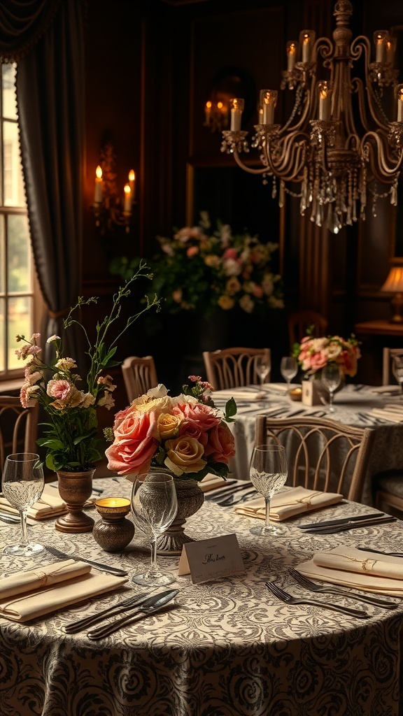 A beautifully set table with vintage glamour featuring floral arrangements, elegant glassware, and a chandelier.