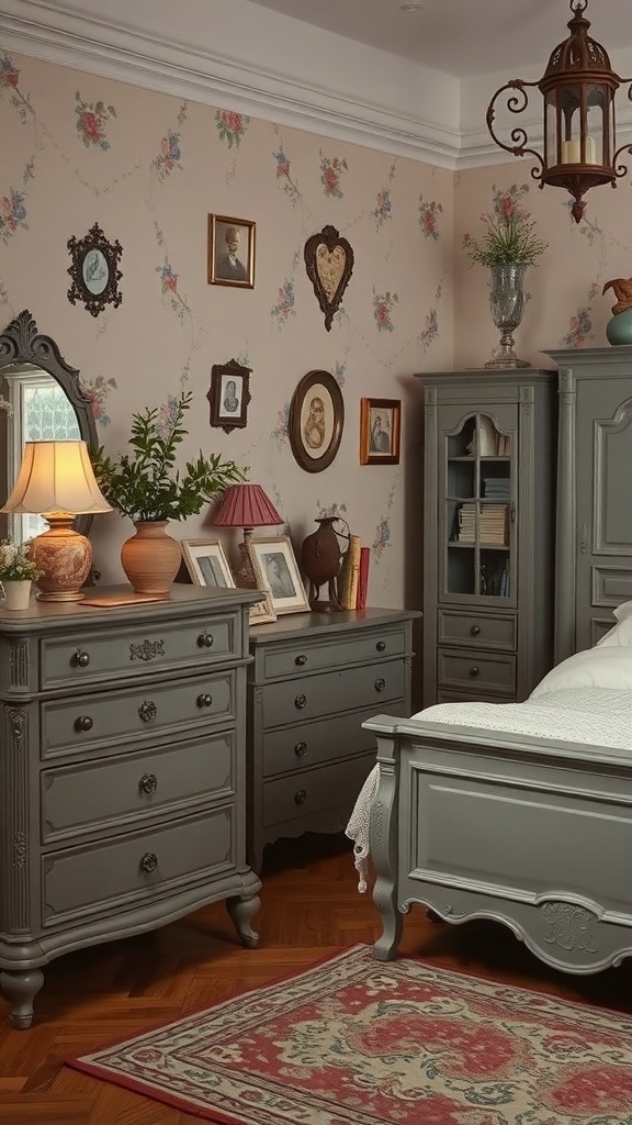 A vintage-style grey bedroom with floral wallpaper, grey furniture, and framed pictures.