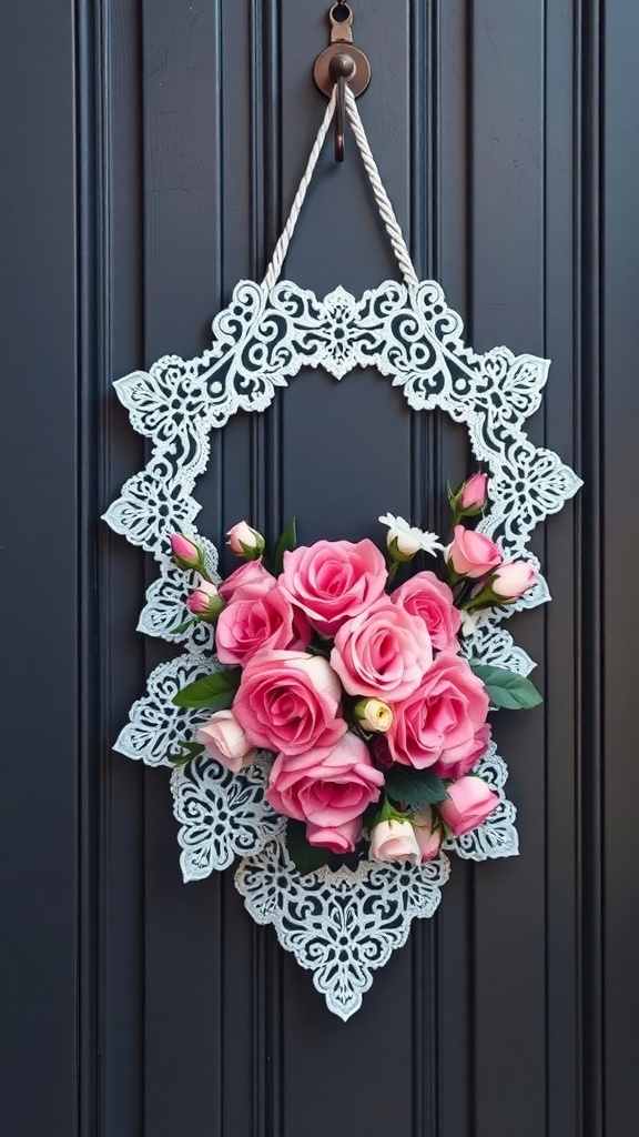 A vintage lace door hanger adorned with pink roses, hanging on a dark door.