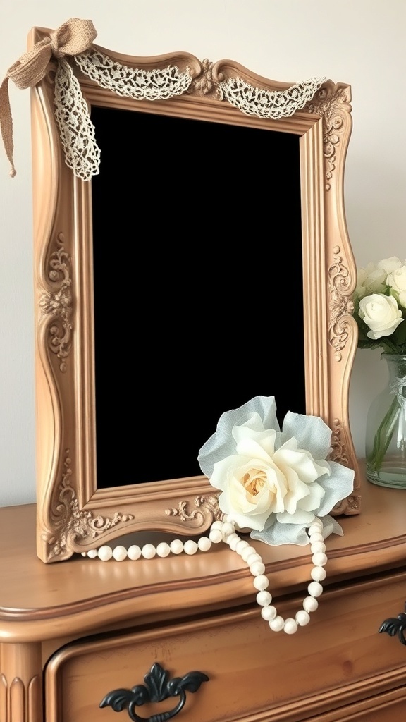 A vintage-style picture frame with lace embellishments, a flower, and a pearl necklace, placed on a wooden surface.