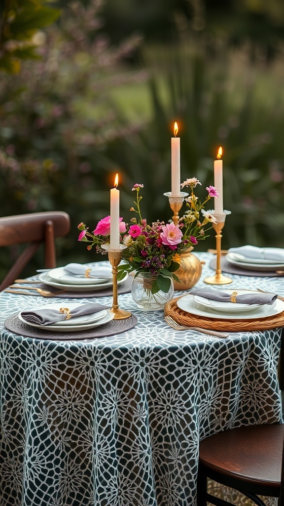 A vintage lace table setting with candles and flowers.