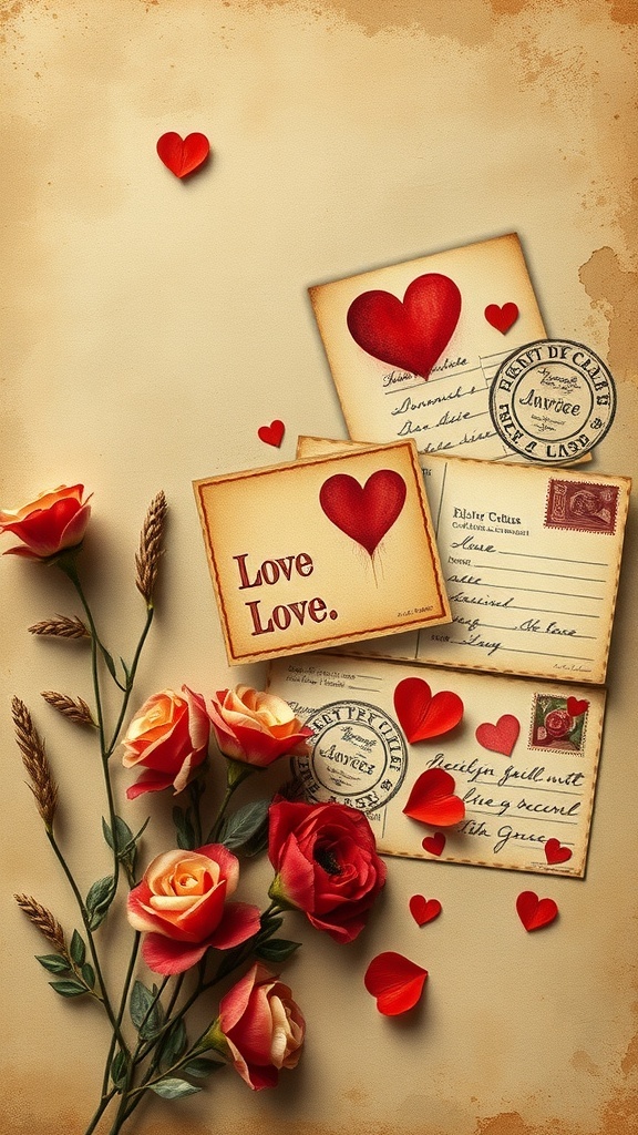 A collection of vintage love postcards with hearts and roses.